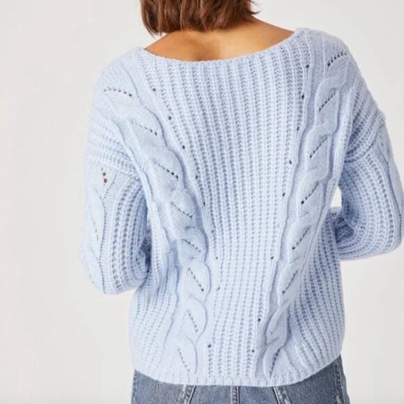 Women's S Anthropologie Ramona Cable-Knit Sweater in Baby Blue - Picture 2 of 9
